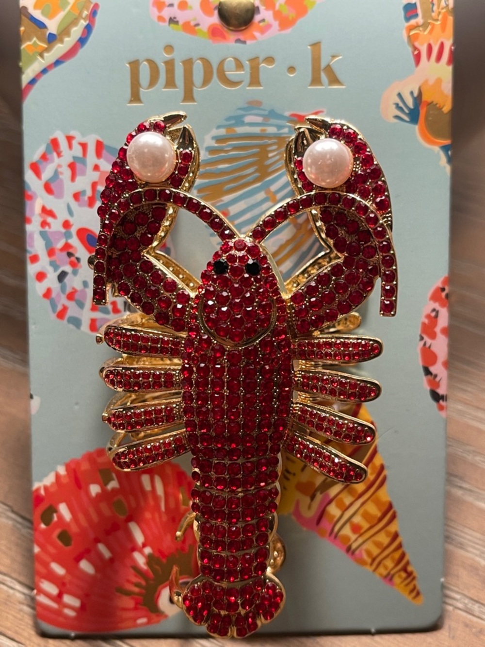 ✨🦞✨Piper K Red Crystal Lobster Metal Hair Claw Clip Rhinestones & Pearl Accents
